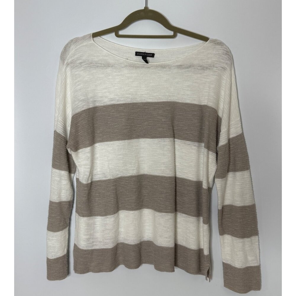 EIleen Fisher Bateau Neck Organic Cotton Linen BLend Boxy Striped Sweater Top XS